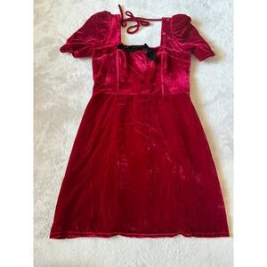WAYF Womens‎ M Velvet Mini Dress Puff Sleeve Tie Back Party Cocktail Dress Red